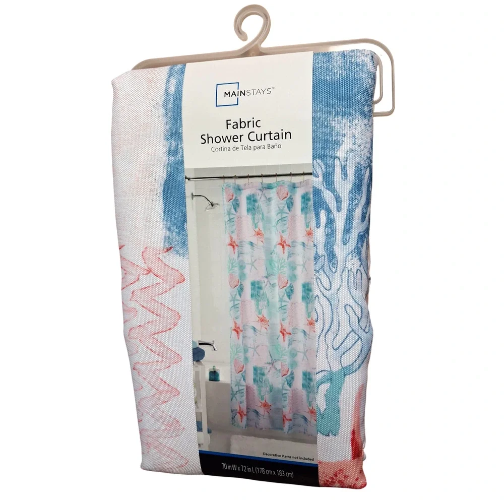 Mainstays Coastal Fabric Shower Curtain 70 x 72 Seashell Starfish Polyester New